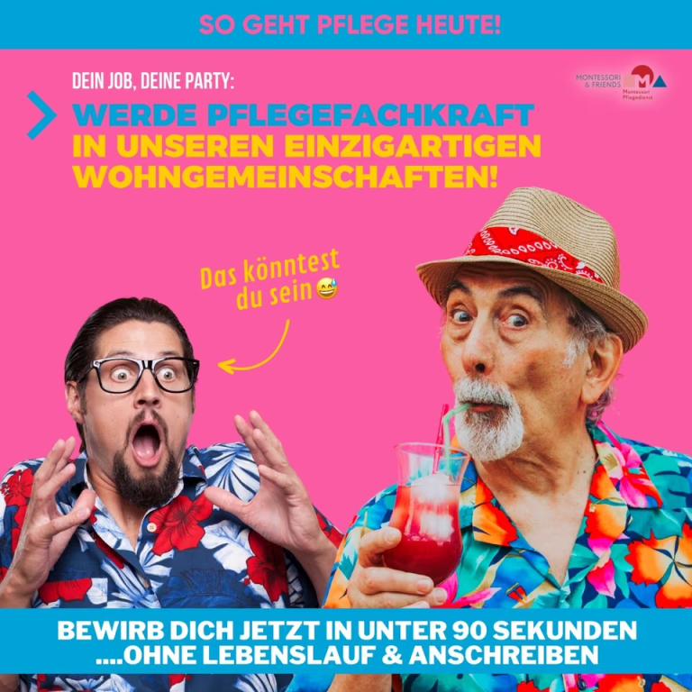 Pinkes Stellenmotiv mit dem Text „Werde Pflegefachkraft“ und zwei Männern in bunten Hemden